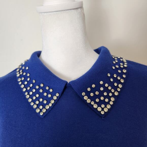 New Loft Sweater Sz Medium Women Blue Embellished Peter Pan Collar Career Casual - Picture 2 of 10